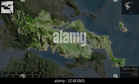 Central Greece, decentralized administration of Greece. Satellite imagery. Shape presented against its country area with informative overlays. 3D rend Stock Photo