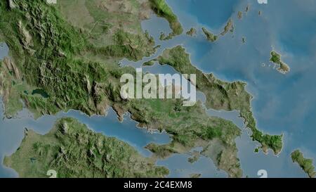 Central Greece, decentralized administration of Greece. Satellite imagery. Shape outlined against its country area. 3D rendering Stock Photo