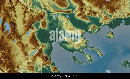 Central Macedonia, decentralized administration of Greece. Colored relief with lakes and rivers. Shape outlined against its country area. 3D rendering Stock Photo