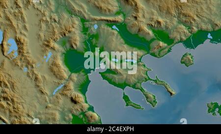 Central Macedonia, decentralized administration of Greece. Colored shader data with lakes and rivers. Shape outlined against its country area. 3D rend Stock Photo