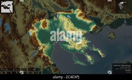 Central Macedonia, decentralized administration of Greece. Colored relief with lakes and rivers. Shape presented against its country area with informa Stock Photo