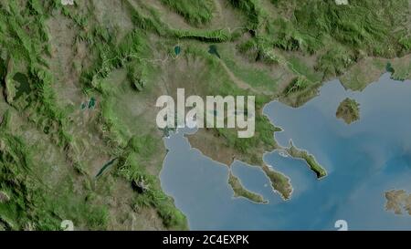 Central Macedonia, decentralized administration of Greece. Satellite imagery. Shape outlined against its country area. 3D rendering Stock Photo