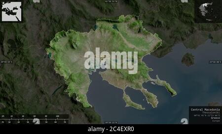 Central Macedonia, decentralized administration of Greece. Satellite imagery. Shape presented against its country area with informative overlays. 3D r Stock Photo