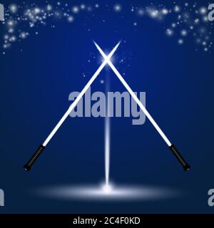 Crossed light swords. Light saber from wars of future isolated on abstract star sky background. Vector illustration. Stock Vector