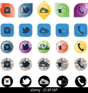 Set of Social Network Icons in different styles. Digital camera, hand symbol, messenger bird, telephone and cloud symbols. Stock Vector