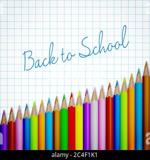 Back to school background. Colored pencils on notebook sheet. Vector illustration. Stock Vector