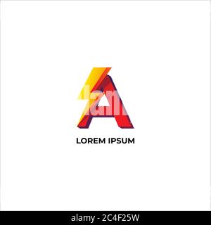 Letter A Logo Design Template. Alphabet and Thunder Logo Concept. Red, Yellow & Orange Gradation Color. Isolated on white background Stock Vector