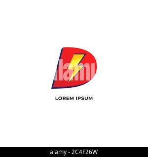 Letter D Initial Logo Design Template Isolated On White Background. Alphabet with thunder icon logo concept. Red, Yellow Orange Gradation Color Theme. Stock Vector