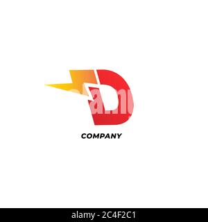 Letter D Initial Logo Design Template. Alphabet with thunder icon logo concept. Red, Yellow Orange Gradation Color Theme.  Isolated On White Stock Vector