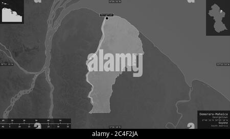 Demerara-Mahaica, region of Guyana. Grayscaled map with lakes and rivers. Shape presented against its country area with informative overlays. 3D rende Stock Photo