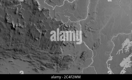 Potaro-Siparuni, region of Guyana. Grayscaled map with lakes and rivers. Shape outlined against its country area. 3D rendering Stock Photo