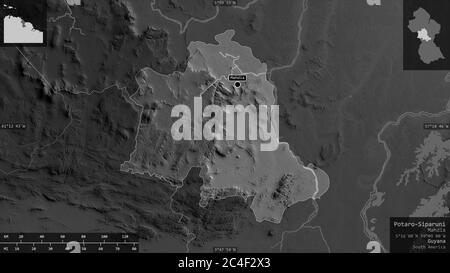 Potaro-Siparuni, region of Guyana. Grayscaled map with lakes and rivers. Shape presented against its country area with informative overlays. 3D render Stock Photo