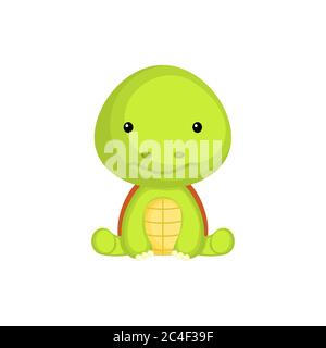 Cute baby turtle sitting isolated on white background. Adorable animal character for design of album, scrapbook, card, invitation on baby shower party Stock Vector