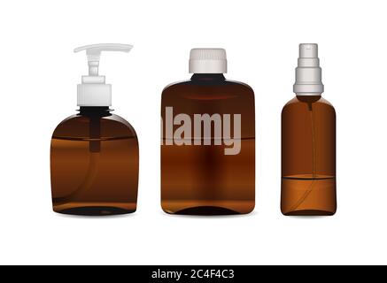 A set of brown plastic and glass bottles designated for massage oils, body milk, liquid soap, shampoo, shower gel, lotion or similar liquids. Vector. Stock Vector
