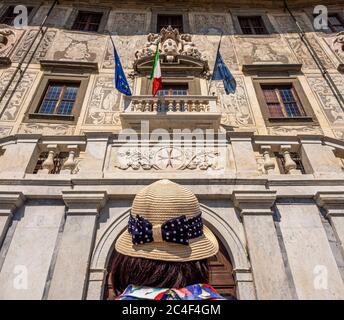 Rear view of female tourist looking up at Palazzo della Carovana, Pisa, Italy. Stock Photo