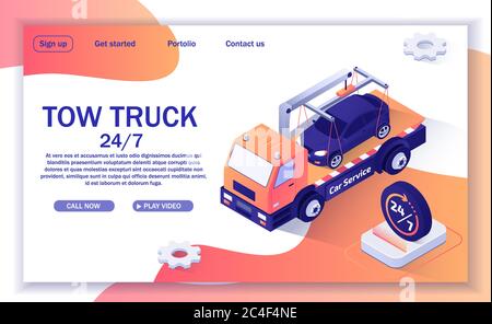 Landing Page with Offer of Tow Truck Assistance. Online Round-the-Clock Evacuation Service, Roadside Assistance. Isometric Vector 3d Illustration with Stock Photo