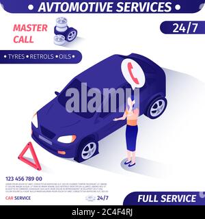 Advertising Banner for Round-the-Clock Client Support. Car Repair and Master Call Service Concept. Woman Calling for Mechanic by Phone Stands near Bro Stock Photo