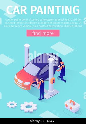 Vertical Poster for Online Car Painting Service. Team of Masters in Uniform Polishing and Dying Vehicle Body in New Color Using Spray Paint Gun. Auto Stock Photo