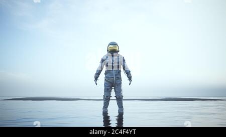 Mysterious Astronaut with Gold Visor Standing in Water with Black Sand Sunrise Sunset 3d illustration 3d render Stock Photo