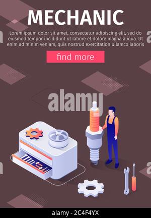 Poster Offers Mechanic Service in Modern Auto Repair Shop. Technician in Uniform Standing with Huge Spark Plug near Box with Wrenches, Spanners, Axes, Stock Photo
