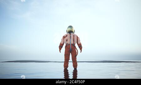 Mysterious Astronaut with Gold Visor Standing in Water with Black Sand Sunrise Sunset 3d illustration 3d render Stock Photo