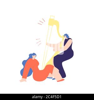 Woman Playing Harp to Friend Girl Sitting on Floor Listening Music. Musicians Cartoon Characters. Music Festival Flat Vector Illustration. Poster Desi Stock Photo