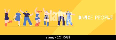 Dancing Clubbing People. Night Club Disco Party Musical Festival Concert Audience Text Banner. Flat Style Vector Illustration Fancy Hangout Cartoon Cr Stock Photo