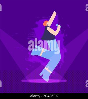 Pretty Cartoon Girl Singing Lovely Song on Illuminated Night Stage Flat Vector Design Illustration Karaoke Party Music Festival Grand Live Concert Sol Stock Photo