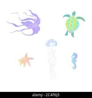 A set of sea animals: octopus, marine turtle, starfishes, jellyfish and seahorse. Vector Illustration. Stock Vector