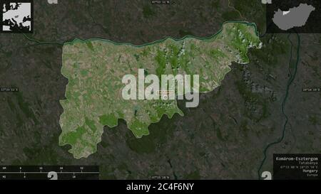 Komárom-Esztergom, county of Hungary. Satellite imagery. Shape presented against its country area with informative overlays. 3D rendering Stock Photo