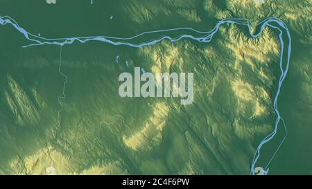 Komárom-Esztergom, county of Hungary. Colored relief with lakes and rivers. Shape outlined against its country area. 3D rendering Stock Photo