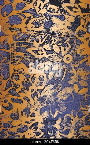 Distressed overlay texture of golden blue violet fabric. Textile with eastern floral ornament, leaves and flowers. grunge background. abstract halfton Stock Vector