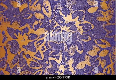 Distressed overlay texture of golden blue violet fabric. Textile with eastern floral ornament, leaves and flowers. grunge background. abstract halfton Stock Vector
