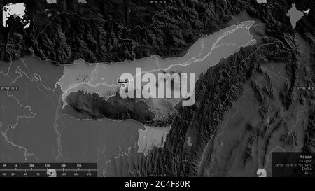 Assam, state of India. Grayscaled map with lakes and rivers. Shape ...