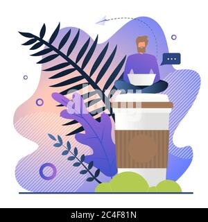 Freelancer Works with Coffee Vector Illustration. Man Working at Night on Laptop Sitting Down on Large Cup Coffee. Guy Dreams Relaxation and Vacation Stock Photo