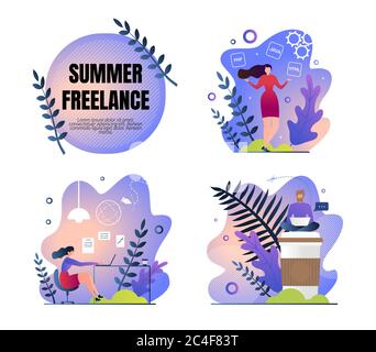 Set Work Poster is Written Summer Freelance Flat. Girl Works at Computer at Night. Freelancer is Energized with Coffee. Woman Needs Good Rest and Emot Stock Photo