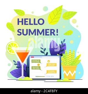 Poster Written Hello Summer on Background Cocktail. Correspondence is Opened on Screen Electronic Device. In Foreground Cocktail With Slice Lemon. Vac Stock Photo
