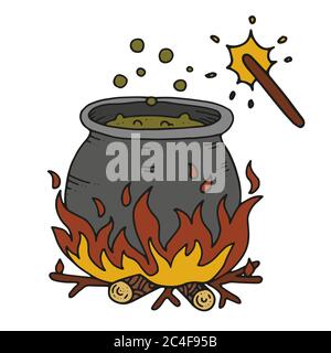 Vector cartoon cauldron with magic wand. Halloween illustration Stock Vector