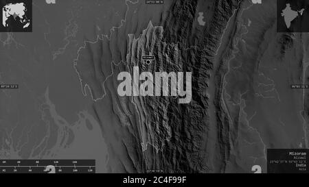 Mizoram, state of India. Grayscaled map with lakes and rivers. Shape presented against its country area with informative overlays. 3D rendering Stock Photo