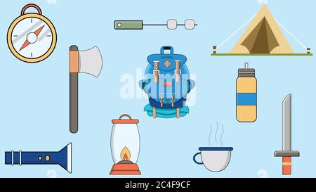 Hiking and camping vector icon set, Signs and logo illustration, Set includes icons as tent, knife, backpack, torch, compass, Set of camping equipment Stock Vector
