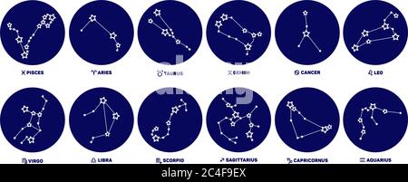 Set of round Zodiac signs, stars, constellations blue color on a white background. Stock Vector