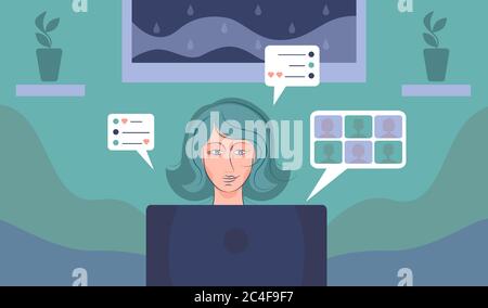 Vector illustration of web conference, communication on the Internet, social networks and distance. Woman at home in isolation sitting at laptop Stock Vector