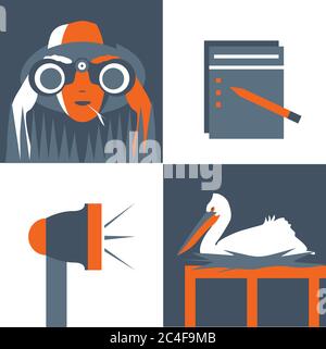 Bird watching, vector icon set, vintage poster, minimal duotone illustration. Man or woman looking through binoculars on pelican, list, bullhorn Stock Vector