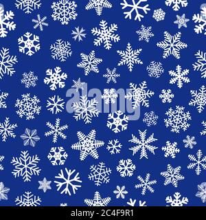 Christmas seamless pattern of snowflakes, white on blue background Stock Vector