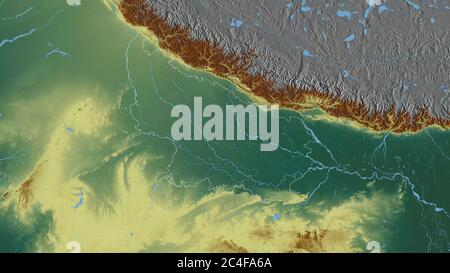 Uttar Pradesh, state of India. Colored relief with lakes and rivers. Shape outlined against its country area. 3D rendering Stock Photo