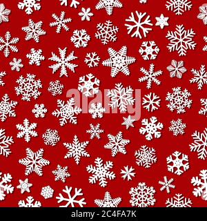 Christmas seamless pattern of snowflakes with shadows, white on red background Stock Vector