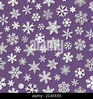 Christmas seamless pattern of snowflakes with shadows, white on purple background Stock Vector