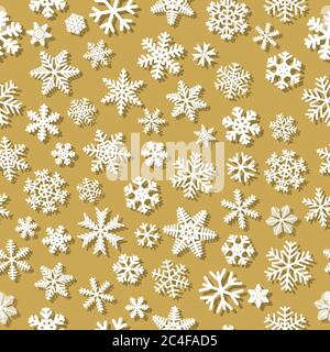 Christmas seamless pattern of snowflakes with shadows, white on yellow background Stock Vector