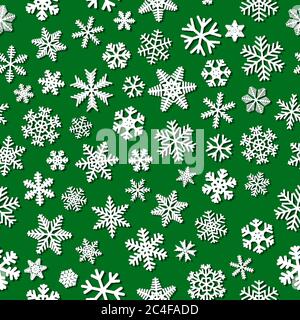 Christmas seamless pattern of snowflakes with shadows, white on green background Stock Vector