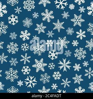 Christmas seamless pattern of snowflakes, white on blue background Stock Vector